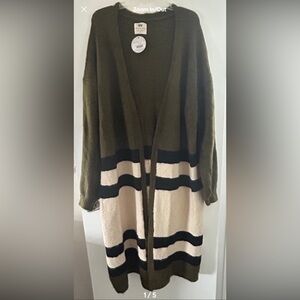 Panache XL Olive, Cream & Black Striped Open-Front Cardigan